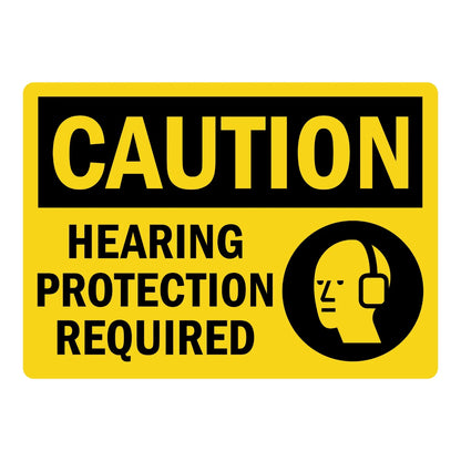 OSHA Caution: Hearing Protection Required Sign Stickers with bold black text on yellow background and black ear protection icon.