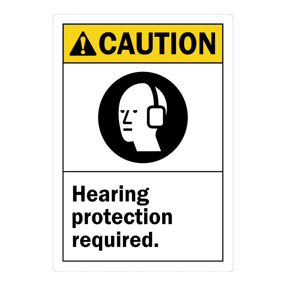 ANSI Caution: Hearing Protection Required sign sticker featuring a yellow CAUTION header, a black ear protection icon, and bold black text displayed below.
