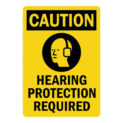 OSHA Caution: Hearing Protection Required sign sticker featuring a bold black CAUTION header, an ear protection icon, and black text on a yellow background.
