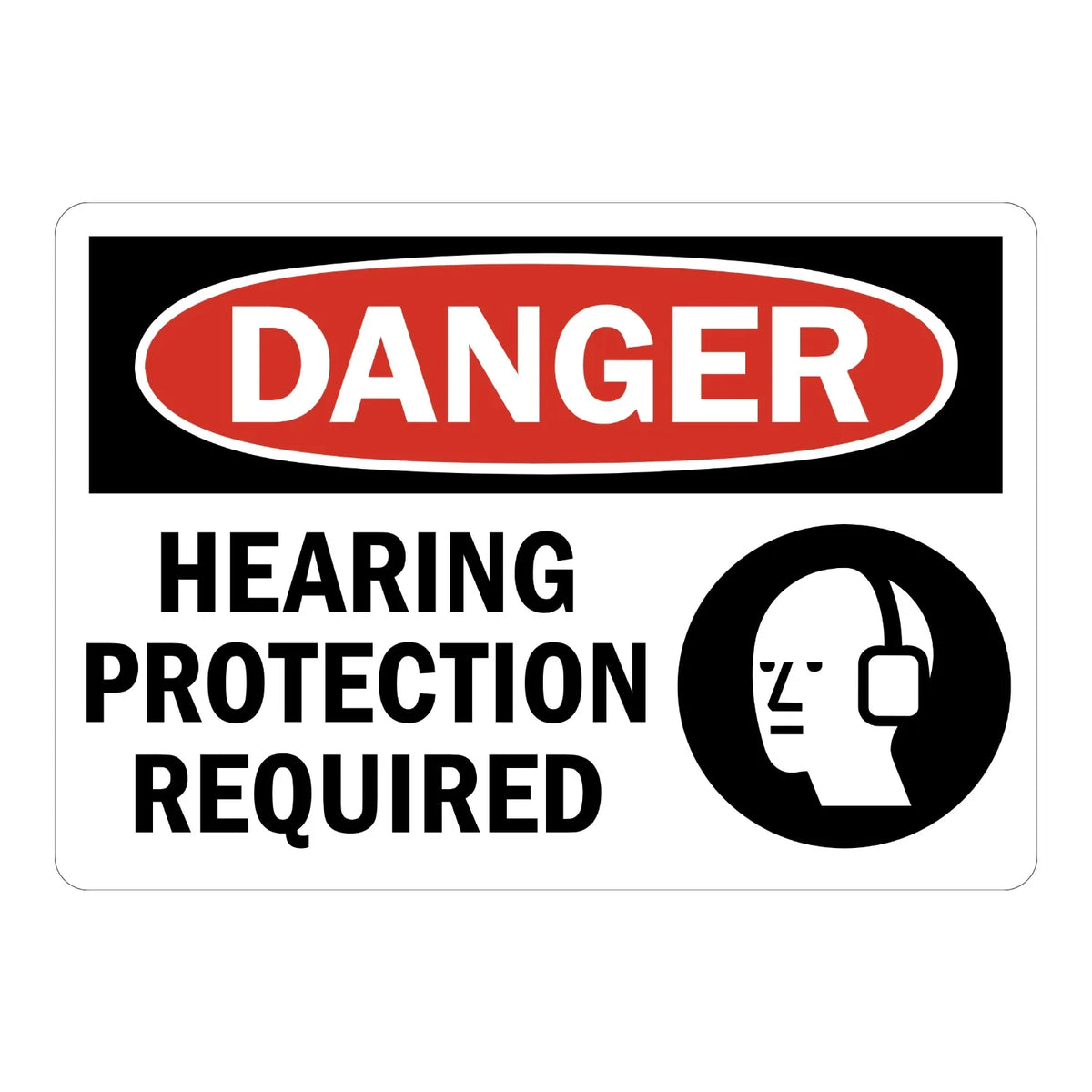 OSHA Danger: Hearing Protection Required Sign Stickers with bold black text on white background and black ear protection icon below red header.