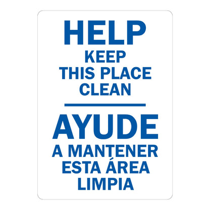 Bilingual: Help Keep This Place Clean Sign Stickers with bold blue English and Spanish capital text, HELP and AYUDE headings and a divider line on plain white