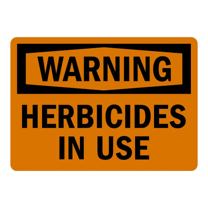 OSHA Warning: Herbicides In Use sign stickers, orange background, black hexagon banner with bold WARNING text, bold black HERBICIDES IN USE text below, rounded corners.