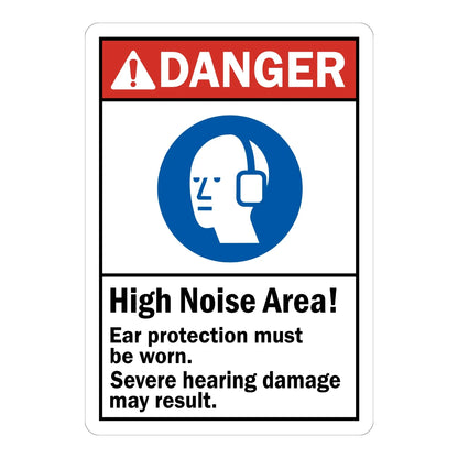 ANSI Danger: High Noise Area Ear Protection Must Be Worn, Severe Hearing Damage May Result sign sticker with a red DANGER header and a blue ear muffs icon.