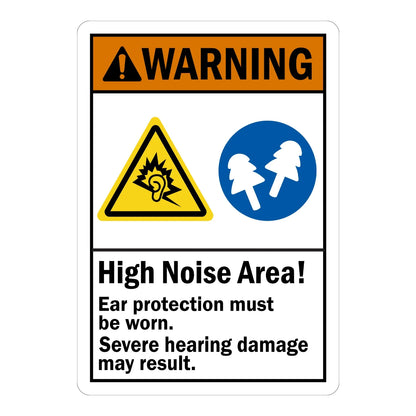 ANSI Warning: High Noise Area Ear Protection Must Be Worn, Severe Hearing Damage May Result Sign Sticker with noise hazard icon and ear muff graphic, for loud zones