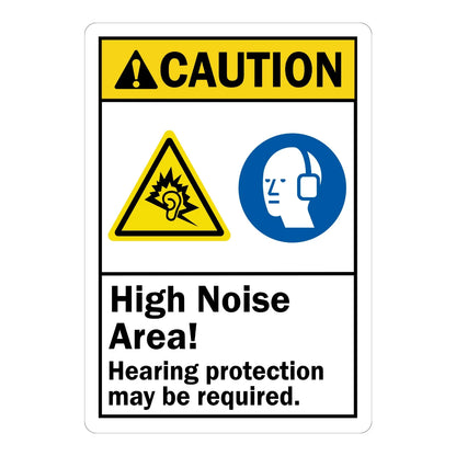 ANSI Caution: High Noise Area, Hearing Protection May Be Required Sign Stickers with yellow header, ear icon triangle, and blue ear protection circle icon.