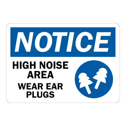 OSHA Notice: High Noise Area Wear Ear Plugs (With Graphic) sign sticker featuring a bold white NOTICE header on blue with black warning text and a blue ear plug safety icon.