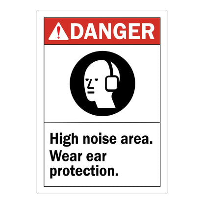 ANSI Danger: High Noise Area Wear Ear Protection sign sticker featuring a bold red DANGER header, a black ear protection icon, and black text displayed below.