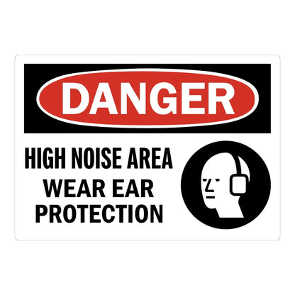 OSHA Danger: High Noise Area, Wear Ear Protection (With Black Graphic) Sign Stickers with bold black text on white background and black ear protection icon below red header.