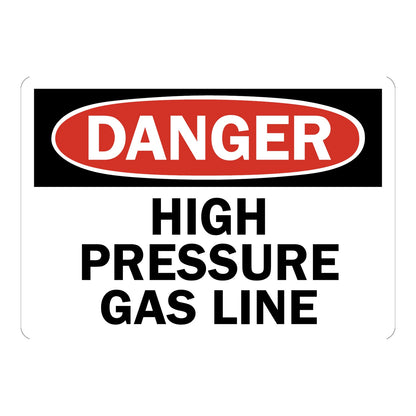 OSHA Danger High Pressure Gas Line Sign Sticker with red and black header and bold black text warning workers of high pressure gas line hazards in the area