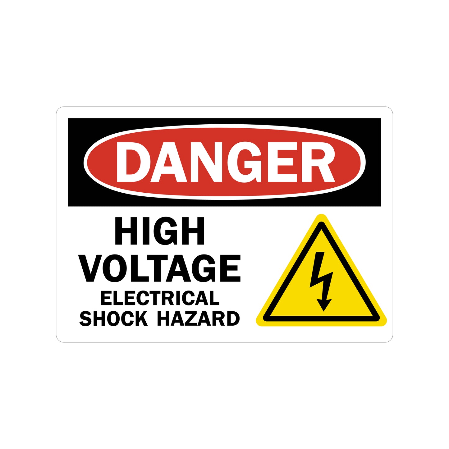 OSHA Danger: High Voltage - Electrical Shock Hazard (With Shock Graphic) sign sticker with a red oval DANGER header on black background and yellow lightning bolt triangle icon.