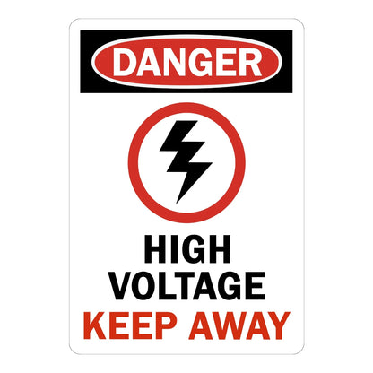 OSHA Danger: High Voltage - Keep Away Sign Sticker with red DANGER oval header and black lightning bolt icon in a red circle, warning workers to stay away.