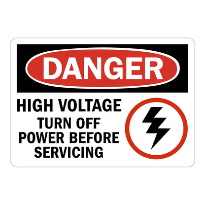 OSHA Danger: High Voltage Turn Off Power Before Servicing Sign Stickers – Red oval DANGER header, lightning bolt circle icon with bold black text. For electrical panels & high voltage equipment zones.
