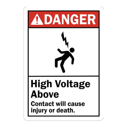 ANSI Danger: High Voltage Above, Contact Causes Injury or Death Sign Sticker with red header and electrocution hazard icon, warning of overhead voltage danger.