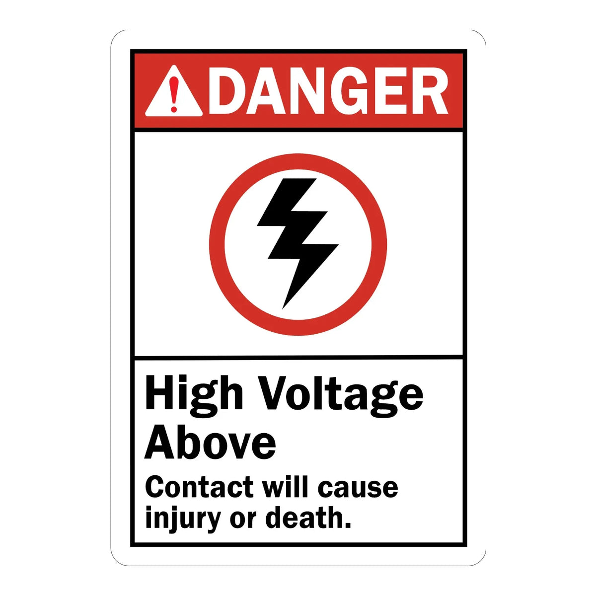 ANSI Danger: High Voltage Above, Contact Causes Injury or Death Sign Sticker with red header and black lightning bolt icon in a red circle, warning of overhead danger.