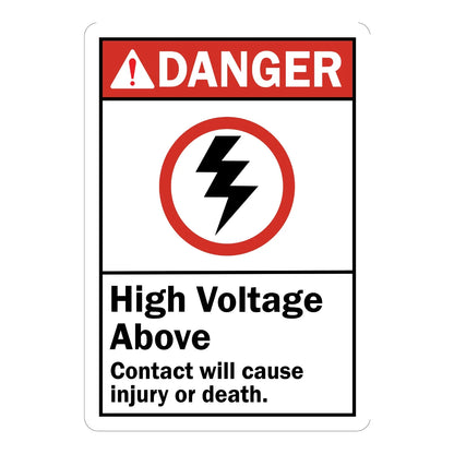 ANSI Danger: High Voltage Above, Contact Causes Injury or Death Sign Sticker with red header and black lightning bolt icon in a red circle, warning of overhead danger.
