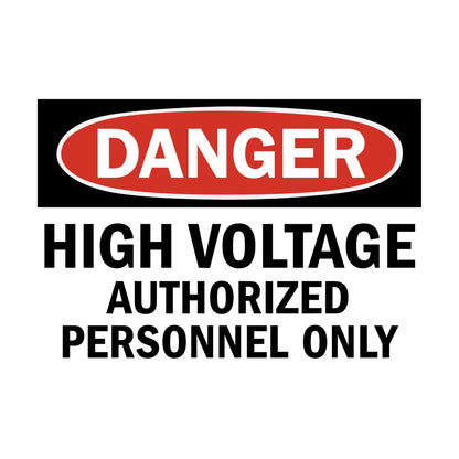 Danger High Voltage Authorized Personnel Only Sign Stickers with bold red and black warning text on white background for panels, doors, and restricted areas.