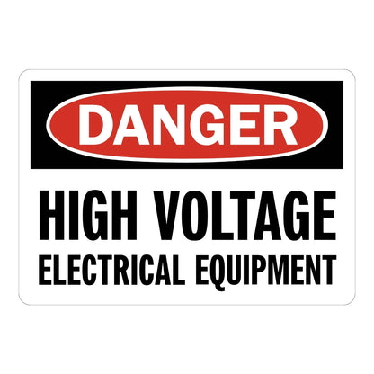 OSHA Danger: High Voltage Electrical Equipment Sign Sticker with red DANGER oval header and bold black text, alerting workers to high voltage hazards from nearby equipment.