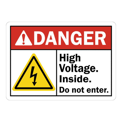 ANSI Danger: High Voltage Inside, Do Not Enter Sign Sticker with red header and yellow electric shock hazard icon, warning workers to stay out of the area.