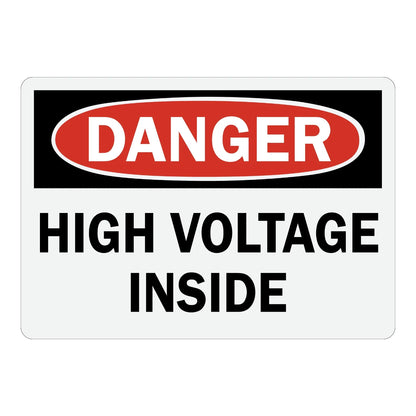 OSHA Danger: High Voltage Inside Sign Sticker with red DANGER oval header and bold black text, warning workers of high voltage hazards present inside the enclosure.