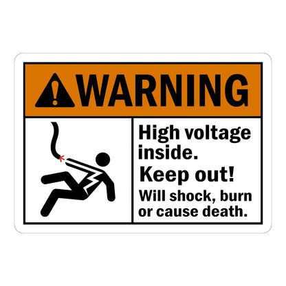 ANSI Warning: High Voltage Inside, Keep Out Sign Sticker with orange header and electrocution hazard icon, warning workers of shock, burn, or death risk.