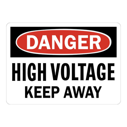 OSHA Danger: High Voltage Keep Away Sign Sticker with black and red DANGER header on white background and bold black text, warns to stay clear of high voltage.
