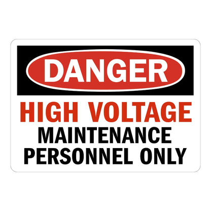 OSHA Danger: High Voltage, Maintenance Personnel Only Sign Sticker with red DANGER oval header and red/black text, restricting equipment access to trained maintenance staff.