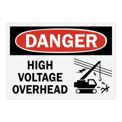 OSHA Danger: High Voltage Overhead (With Crane Graphic) Sign Sticker with black background, red oval header, and icon of crane contacting power lines with figure being struck
