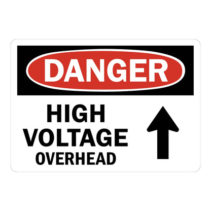OSHA Danger: High Voltage Overhead With Up Arrow Sign Sticker with black background, red oval header, upward-pointing arrow, and bold black warning text below