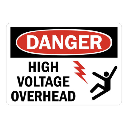 OSHA Danger: High Voltage Overhead (With Man Falling Graphic) Sign Sticker with black and red DANGER header on white background, red lightning bolt, and electrocution icon.