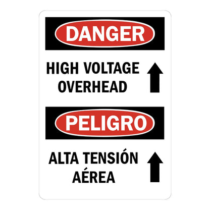 Bilingual OSHA Danger: High Voltage Overhead Sign Sticker with black background, red oval headers reading Danger and Peligro, upward arrows, and bold bilingual black warning text