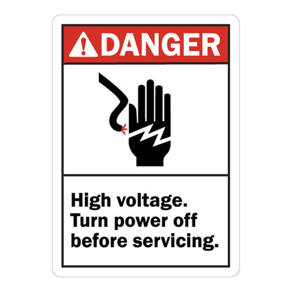 ANSI Danger: High Voltage Turn Power Off Before Servicing Sign Stickers – Red DANGER header, electric shock hand icon with bold black text. For electrical panels, switchboards & high voltage equipment zones.