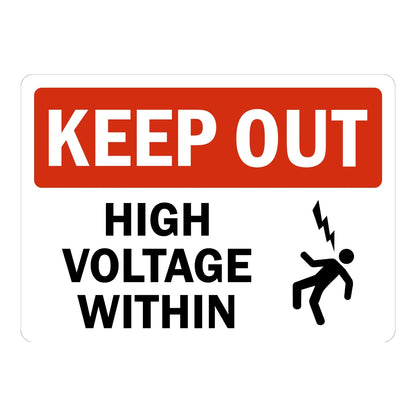 OSHA Warning: Keep Out, High Voltage Within Sign Sticker with red header and electrocution hazard icon showing a shocked figure, warning of danger from voltage inside.