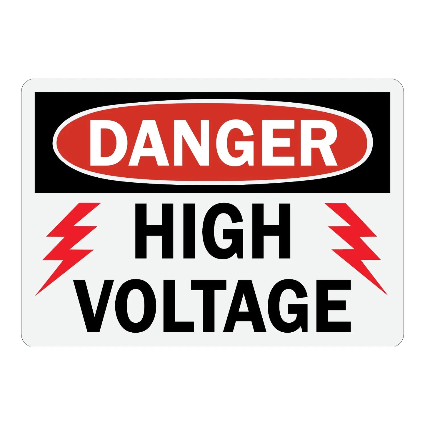 OSHA Danger: High Voltage Sign Sticker with red DANGER oval header and bold black text flanked by red lightning bolt graphics, warning of high voltage hazards.