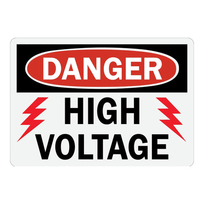 OSHA Danger: High Voltage Sign Sticker with red DANGER oval header and bold black text flanked by red lightning bolt graphics, warning of high voltage hazards.