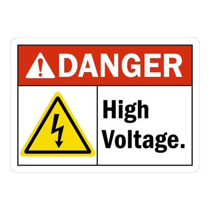 ANSI Danger: High Voltage Sign Sticker with red header and yellow electric shock hazard icon in a triangle warning symbol, alerting workers to high voltage danger.