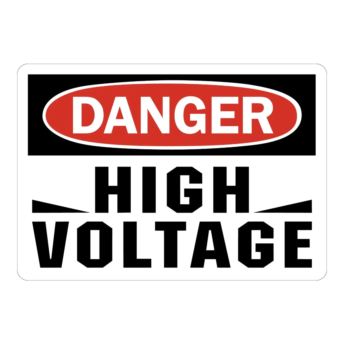 OSHA Danger: High Voltage Sign Sticker with red DANGER oval header and bold stylized black text, alerting workers to the presence of high voltage hazards nearby.
