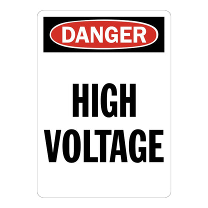 OSHA Danger: High Voltage Sign Sticker with red DANGER oval header and large bold black text on white background, alerting workers to high voltage hazards nearby.