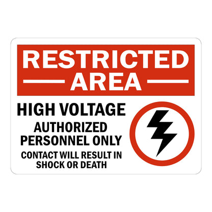 Restricted Area High Voltage Sign Stickers featuring bold red header, black warning text, and a lightning bolt graphic in a red circle for electrical hazard zones.