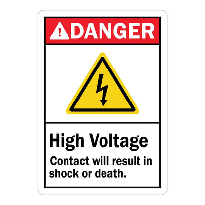 ANSI Danger: High Voltage, Contact Will Result in Shock or Death Sign Sticker with red header and yellow electric shock hazard icon, warning of severe electrocution risk.
