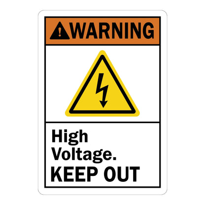 ANSI Warning: High Voltage, Keep Out Sign Sticker with orange header and yellow electric shock hazard icon in a triangle warning symbol, restricting access to the area.