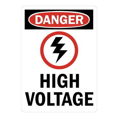 OSHA Danger: High Voltage with bolt graphic Sign Sticker with red DANGER oval header and black lightning bolt icon in a red circle, alerting workers to high voltage hazards nearby.