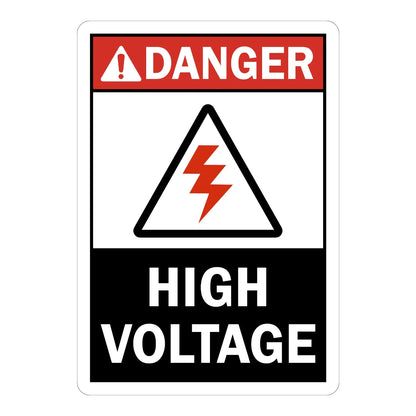 ANSI Danger: High Voltage Sign Sticker with red header, red lightning bolt hazard triangle icon, and bold white text on black background, alerting workers to voltage danger.
