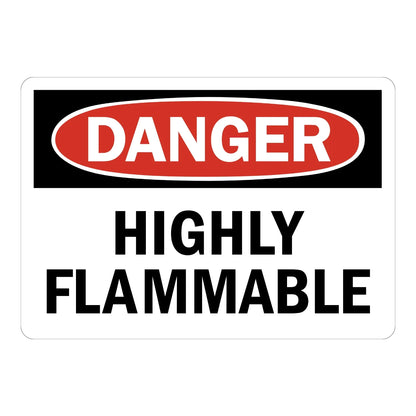 Danger: Highly Flammable sign sticker with bold white text in a red oval on black and bold black text on white, ideal for OSHA hazard identification and warning labeling.