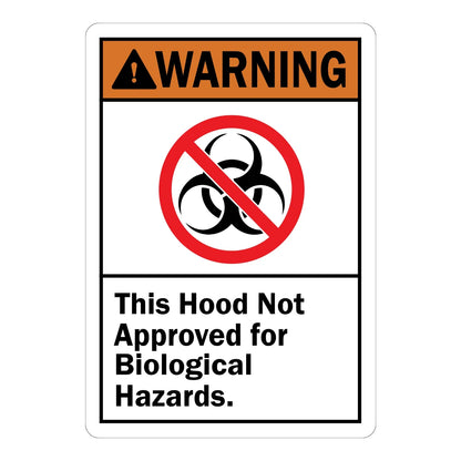 ANSI Warning Biohazard: Hood Not Approved for Biological Hazards Sign Sticker with orange header, warning triangle icon, red no-biohazard symbol, bold black text