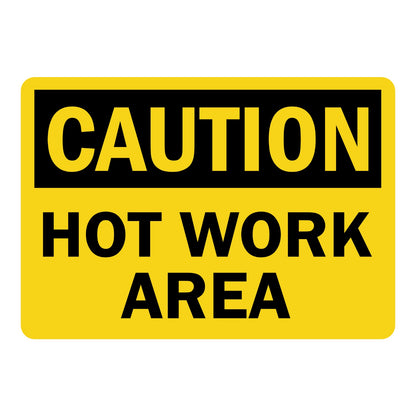 OSHA Caution: Hot Work Area Sign Stickers with a yellow CAUTION header on a black band and bold black HOT WORK AREA text on a solid bright yellow background