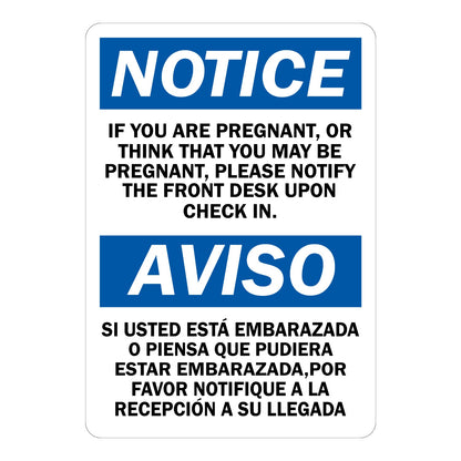 Bilingual OSHA Notice: If You Are Pregnant, Please Notify the Front Desk Upon Check In Sign Sticker with blue header bars, bold bilingual English and Spanish text