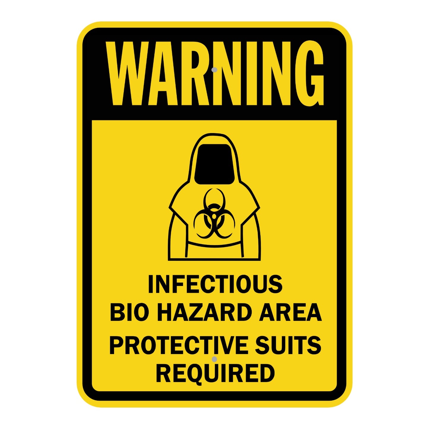 Warning Infectious Bio Hazard Area Protective Suits Required Sign Sticker with black header, yellow background, and biohazard suit icon for infectious hazard areas.