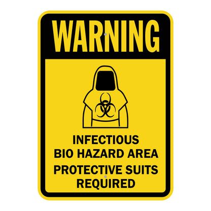 Warning Infectious Bio Hazard Area Protective Suits Required Sign Sticker with black header, yellow background, and biohazard suit icon for infectious hazard areas.