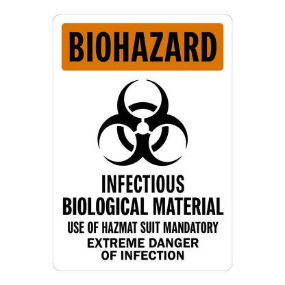OSHA Danger: Infectious Biological Material - Use of Hazmat Suit Mandatory, Extreme Danger of Infection Sign Sticker with orange BIOHAZARD header, biohazard symbol