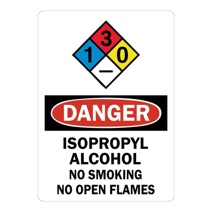 OSHA Danger Isopropyl Alcohol Sign Sticker with NFPA hazard diamond, red and black DANGER header, and text warning no smoking no open flames